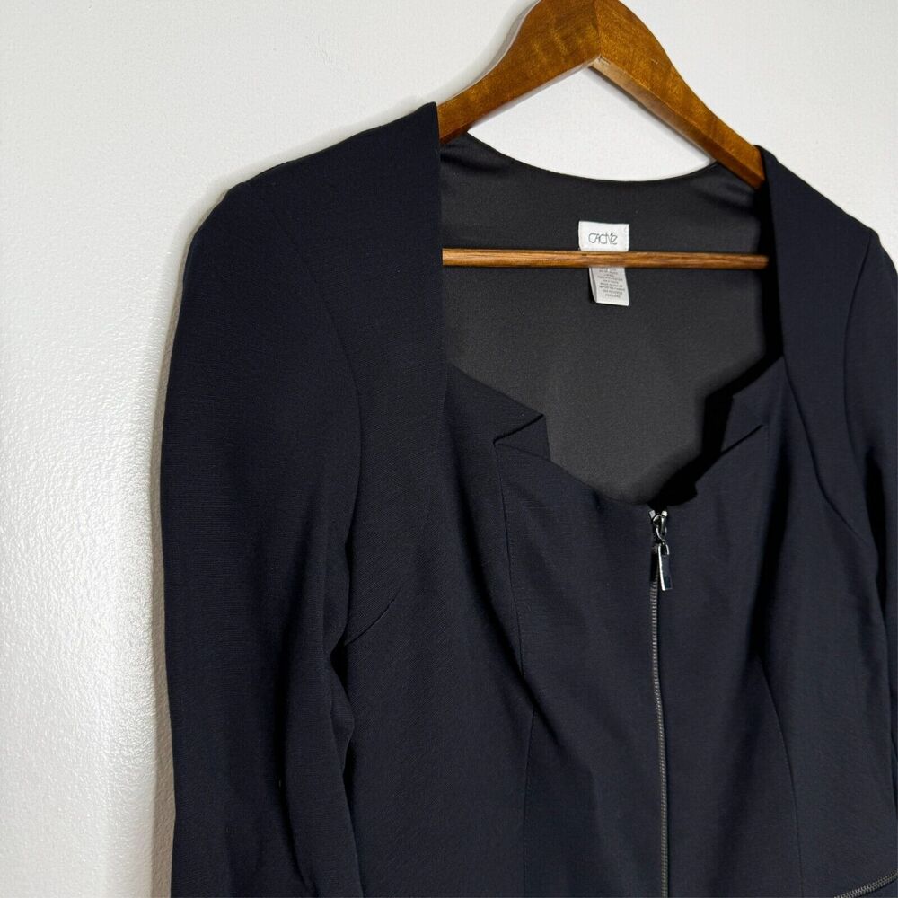 Cache Black Bodycon Dress 6 Zip Front 3/4 Sleeve Cocktail Party Chic Stretch